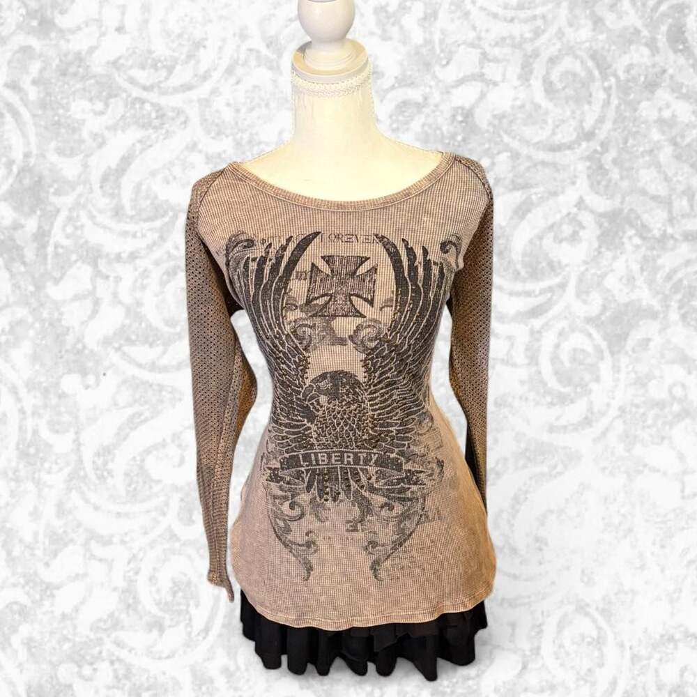 Daytrip Gray Waffle Knit Long Sleeve Graphic Shirt Eagle Cross XL